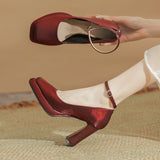 kamames kamames Waterproof Table One Word Button Spring New High Heels Mary Jane Senior Sense Silk Square Head Thick Heel Women's Shoes