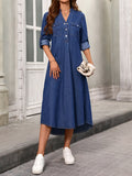 Split Side Plain Dark Washed Blue Button Closure V Neck Elegant Style Midi Denim Dress, Women's Denim Jeans & Clothing