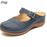 kamames New Women Flat Shoes Mules For Women PU Leather Round Head Sandals Closed Toe Sandals Women Slipper Non-slip Retro Shoes