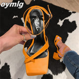 kamames summer new large size sandals women's Roman shoes thick toe middle heel buckle strap women's sandals