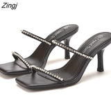 kamames Women's shoes Black square head Rhinestone accessories High-heeled sandals