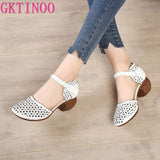 GKTINOO Genuine Leather Women Sandals Summer Shoes 5CM High Heels Retro Women Shoes 2021 Hollow Out Sandals