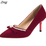 kamames Red Velvet Pearls Pumps Woman Sexy Pointed Toe Thin High Heels Party Wedding Shoes Women Spring 2023 Zapatos Lady