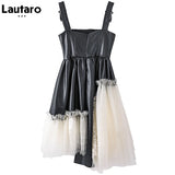 kamames Short Lace Patchwork Pu Leather Dress Women Spaghetti Strap Dress Soft Faux Leather Mini Overall Dresses for Women 2023