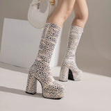 kamames Fashion Women Knee High Boots Flock Platform Chunky High Heel Punk Boots Square Toe Zipper Autumn Winter Ladies Shoes