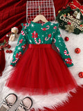 Girls' Winter Christmas Party Princess Dress With Mesh Hem & Lining, Holiday Fun Long Sleeve Christmas Dress With Ribbon Belt, Party Gift