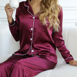 Risonclo Womens Elegant Solid Color Long Sleeve Lapel Pajama Set - Soft Polyester Blend Fabric, Button-Up Top, Relaxed Fit Pants, Machine Washable - Perfect for Teen Girls Sleepwear and Loungewear All Season