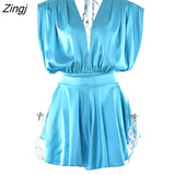 kamames Deep V Neck Satin Dresses Women 2022 Spring Sexy Sleeveless Elegant Blue Robe Solid Backless Bodycon Mini Dress Female