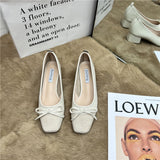kamames Tie Shallow Mouth Single Shoes Women's Thick Heels 2024 Spring And Autumn New Style Square Head Middle Heel Grandma Shoes High Heel Work Shoes