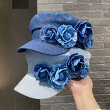 Ladies Denim Beret Hat with Blue Rose Embellishments - Perfect for Valentine's Day or Any Special Occasion - Adjustable Size - Breathable Material - Knit Construction - Decorative Accents - Non-Elastic - Suitable for Various Events