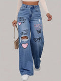 High Waist Heart Graffiti Jeans: Casual Wide-Leg Style, Ripped Denim for All Seasons