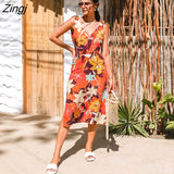 kamames PETAL Orange Floral Tie Shoulder Midi Dress For Woman Sexy V-neck Backless Holiday Beach Dress 2023 Summer Female Sundress