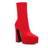 kamames Blue Women Ankle Boots 2022 Stretch Fabric Platform Square High Heel Punk Boots Pointed Toe Autumn Winter Ladies Shoes