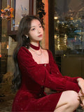 kamames Hot Girl Red Velvet Dress Women's Autumn/Winter Christmas Square Collar Long-sleeved Slim Fit A-line Dress Female Clothes