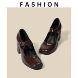 kamames And Autumn French Black Round-Headed Mary Jane Shoes Children's Thick-Heeled Single Shoes Waterproof Platform High-Heeled Shoes Buckle Women's Shoes