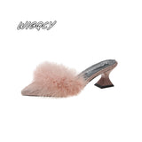 kamames new women's set toe-shaped non-slip high heels fashion rubber bottom elastic cloth summer shallow fur shoes