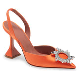 kamames Orange Sardine Slingbacks High-Heeled Banquet Fashion Single Shoes Tipped With Diamond Clasp