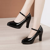 kamames Leather Catwalk High Heel Women's Pointed High Heel Thick-Soled Waterproof Platform Professional Black Work Shoes Large-Size Single Shoes