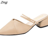 kamames Party Women Mules Slipper Pointed Toe Block Strap Closed Shallow High Heels Shoes Sandals Black Beige Square heel Pumps