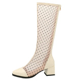 kamames New Summer Women Knee High Boots Patent Leather Mesh Zipper Low Heel Long Boots Fashion Pointed Toe Autumn Lady Shoes