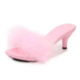 kamames Solid Color Feather Fairy Slippers Summer Transparent Sandals Thin High Heels Sexy Fur Crystal 6cm Low Heel Derss Women Shoes