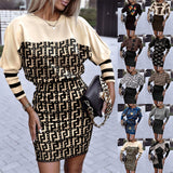 Zingj Independent Station Autumn New Fashion Printed Waist Round Collar Long-Sleeved Dress