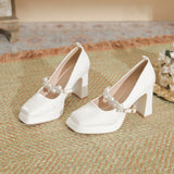 kamames kamames Square Head Thick Heel High Heels 2024 Spring French Pearl One Word Buckle Satin Wedding Shoes Bride Shoes