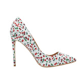 kamames Cherry Print Sexy Pumps 12 cm High Heels Woman Shoes Party Wedding Shoes Pointed Toe PU Leather White YG007 ROVICIYA