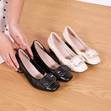 kamames Heels 2024 New Summer Leather Single Shoes Medium Thick Heels Professional Commuting Women's Shoes Work Shoes Black Leather Shoes