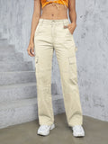 Womens High-Waist Cargo Pants - Loose-Fit, Wide-Leg Design with Flap Pockets - Casual Sporty Jeans for Activewear