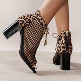 Leopard Print High Heel Sandals - Fashion Peep Toe, Mesh Block Design, Lace Up & Back Zipper Closure, Sexy Dress Shoes for Women