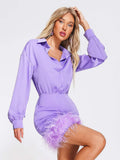 kamames Women Lapel Collar Long Sleeve Feathers Mini Dress Elegant Purple Orchid Feather High Waist Bodycon Dress Evening Club Party