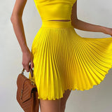 kamames Summer Fashion Two Pieces Sexy Square Neck Crop Top & Pleated Skirt Sets Women Tank Tops Mini Dress Daily Wear Outfits