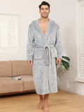 Men's Solid Color Flannel Hooded Robe, Pajama Set With Pockets For Home Wear, Comfy & Gentle Style, Perfect For Fall/Winter