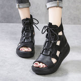 kamames New Summer Black Women Leather Sandals Cool Boots Platform Shoes Wedges Sandals Women Shoes Fashion Outdoor Sandals