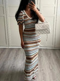 kamames Contrast Striped Knitted Maxi Dresses Female U-neck Short Sleeve High Waist Slim Vestidos Women Casual Beach Holiday Dress