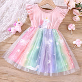 Toddler Girls Cartoon Unicorn Ruffled Sleeveless Round Neck Contrast Mesh Dress Kids Summer Clothes