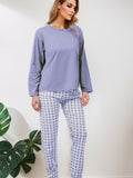 Plaid Print Pocket Crew Neck Long Pajamas Set, Casual Long Sleeve Pajama Top & Comfortable Long Pant, Women's Loungewear & Sleepwear