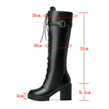 kamames Autumn Lacing Knee High Boots Women Fashion White Square Heel Long Boots Woman Pu Leather Shoes Winter Large Size 43