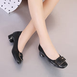 kamames Heels 2024 New Summer Leather Single Shoes Medium Thick Heels Professional Commuting Women's Shoes Work Shoes Black Leather Shoes