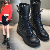 kamames Sales Genuine Leather Hollow Out Short Boots for Women Buckle Round Toe Thiick Heels Pumps Ladies Retro Party Shoe