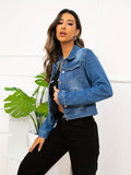 Women's Casual Long Sleeve Blue Denim Jacket - Vintage Style with Flap Pockets, Solid Color, Easy-Care for Spring/Fall