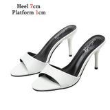 kamames Summer Slippers Women Shallow Solid Color One word with Home Sandals Beach Shoes Sexy High Heels 7cm Thin Heels Pu Women Shoes