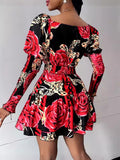 kamames New Flower Printing Waist V Collar Bubble Sleeve Dress