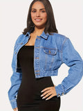 Women's Chic Collared Denim Jacket - Casual, Easy-Care, Long Sleeve, Single-Breasted Coat with Stylish Flap Design