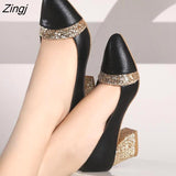 kamames Women Pumps Sweet Style Square High Heel Sequins Pointed Toe Spring and Autumn Elegant Shallow Ladies Shoes