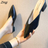 kamames Summer Fashion Women Pointed Toe Slipper Nude White Square Low Heels Outsides Ladies Slides Luxury Brand Beach Mules Shoes