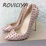 kamames 12cm high heeled shoes women brand fashion pointed toe rivet shoes women exquisite ladies party shoes MD008 ROVICIYA