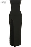 kamames Elegant Vestidos Outfits Women Spaghetti Strap Sexy Split Solid Slim Lady Ankle Fashion Classic Length Maxi Dresses New