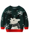 Boy's Christmas Elk Pattern Knitted Sweater, Casual Slightly Stretch Breathable Pullover Top For Outdoor